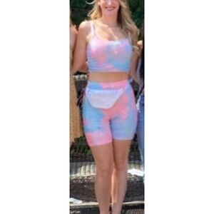 Bijou‎ Apparel Tie Dye 2 Piece Set Ruched Shorts Cami Top LARGE Blue Pink